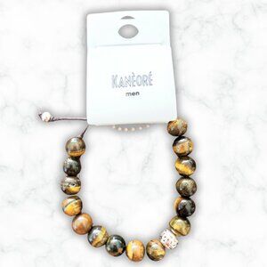 NWT Kanèoré Men's Tiger's Eye Thick Beaded Drawstring Bracelet w/ Silver Bead